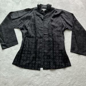 シルク100 チャイナ スタンドカラー シャツ 夏 ボタニカル ブラック 黒