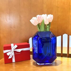 バカラ Baccarat octogone クリスタルガラス 花瓶 箱付き　ブルー