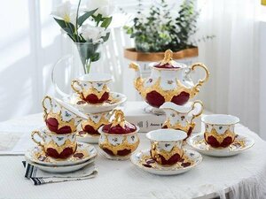 Art hand Auction Théière Meissen faite à la main, Tasses, Soucoupes, Pot à lait, et sucrier, ensemble de 15 pièces pour le thé de l'après-midi de style occidental, Vaisselle de style occidental, Ustensiles à thé, autres