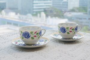 チェコ　HAAS & CZJZEK　ティーカップ　シンプル　バラ　花柄　コーヒーカップ　ソーサー　3客セット　洋食器 ブルー