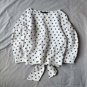 ZARA サイズM バックリボン リネントップス ポルカドット 麻 水玉 クロップド丈 五分袖