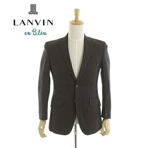 A4141/美品 秋冬 総裏 LANVIN en Bleu ランバンオンブルー ウール ストライプ テーラード シングル2Bジャケット 46 濃紺/日本製 スーツ用