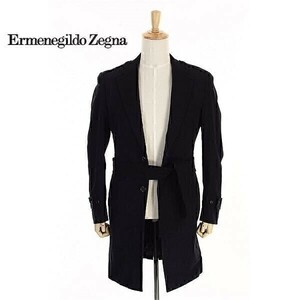 A5167/美品 秋冬 EZ by ZEGNA エルメネジルドゼニア コットン ストライプ ベルト付き 段返り 3B 膝丈 チェスターコート M 濃紺/メンズ