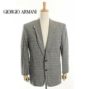 A4301/美品 秋冬 総裏 GIORGIO ARMANI アルマーニ コットン シワ加工 チェック テーラード シングル2Bジャケット46 灰色/イタリア製 メンズ