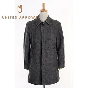 A5409/訳有り 美品 秋冬 UNITED ARROWS ユナイテッドアローズ ウール 千鳥格子 比翼 ロング 膝丈 ステンカラーコート M 灰色/メンズ