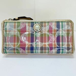 ☆良品☆ ◆COACH コーチ 長財布◆　L字ファスナー　シグネチャー　キャンバス×レザー　小銭入れ有　チェック柄 【USED】0509