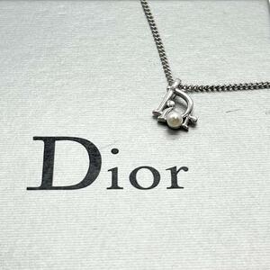 未使用級 クリスチャンディオール Christian Dior ネックレス アクセサリー トロッター オブリーク ロゴ パール 真珠 刻印 シルバー 銀色