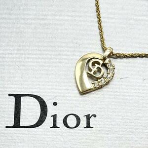 希少極美品 クリスチャンディオール Christian Dior ネックレス アクセサリー ハート サークルロゴ CDロゴ ラインストーン ゴールド 金色