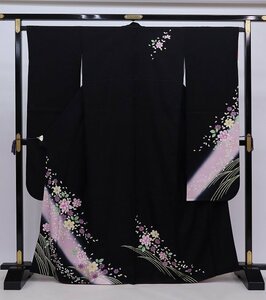 cherry*z0548fc* translation have * long-sleeved kimono collection!* long-sleeved kimono single goods * black × peach color series * coming-of-age ceremony graduation ceremony wedding * front ..[ secondhand goods / silk ]