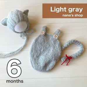 6ヶ月ライトグレー♪ねこ耳帽子としっぽ付きオーバーオール ニューボーンフォト衣装