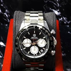 〓送料無料〓新品〓BENYARブランド・メンズ・クロノグラフ・24時間、カレンダー表示・クオーツ式腕時計・フルメタル・パンダウオッチの画像7