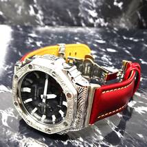 送料無料・新品・GショックCUSTOM・MADE腕時計本体付GA2100ステンレス製シルバーベネチアン柄エンボス加工・本革ストラップ・カシオーク_画像3