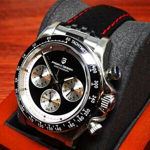 送料無料・新品・パガーニデザイン・メンズ・セイコー製VK63クロノグラフクオーツ式腕時計・オマージュ・カーボン柄本革モデル・PD-1676・B
