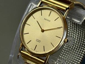 1円〜◆CITIZEN シチズン EXCEED エクシード 14K・YP ゴールド文字盤 3920-C90741 クォーツ メンズ腕時計 稼働品