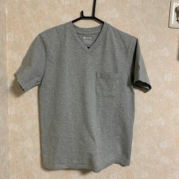 ナノ・ユニバース アンチソーキッド VネックTシャツ　 半袖Tシャツ　杢グレー　胸ポケット付き