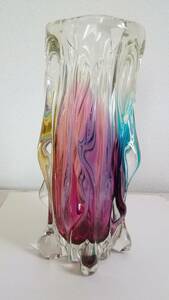 240515 Showa Retro rainbow color glass flower base vase antique height approximately 28cm,. diameter approximately 7.5cm with defect 