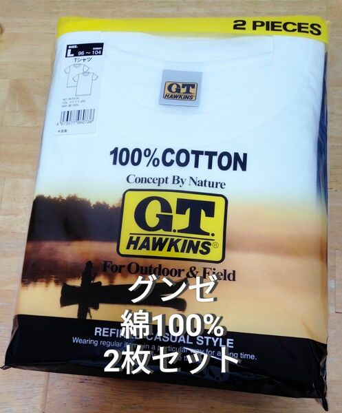 グンゼ 綿100%Tシャツ HAWKINS 白 Lサイズ(96～104) 丸首 2枚セット
