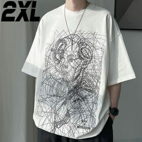 半袖 Tシャツ アートデッサン 落書き 白 ホワイト 2XL フロント プリント