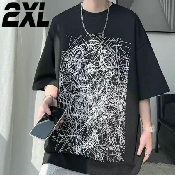 半袖 Tシャツ アートデッサン 落書き 黒 ブラック 2XL フロント プリント