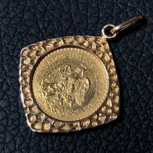 (M052110 frame K18 gold coin K21.6peso gold coin wasi pendant top YG 2.5peso charm gross weight 3.8g coin 18 gold 21.6 gold Mexico DOS PESOS