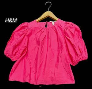 H&M★エイチアンドエム★（M）コットン100% ボリュームスリーブ 背開き ブラウス トップス/ピンク