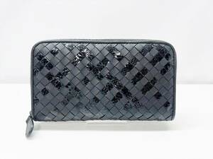 美品　Bottega Veneta　ボッテガヴェネタ　イントレチャート　 パイソン　カーフ　ラウンド　長財布　黒