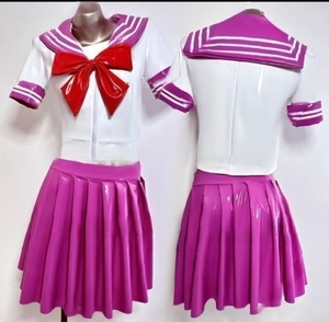 ※商品は同日の落札のみの同梱 超光沢 セーラー風トップス、プリーツスカート 学生制服 ストレッチ生地 上下セット(ホワイト×ピンク)ＸＬ