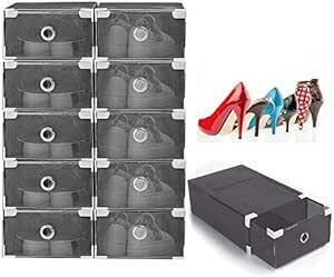 【10箱入り】シューズボックス 引き出しタイプ 透明 クリア シューズケース 組立て式 靴収納 靴箱 Vinteky (ブラック)
