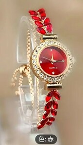 ★レディース腕時計高級ラインストーンクォーツ時計エレガントなファッションアナログ調節可能なブレスレット腕時計　赤