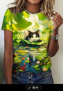 ★可愛い猫のプリントTシャツ、春夏にぴったりのカジュアルなクルーネック半袖トップ、女性用衣料品