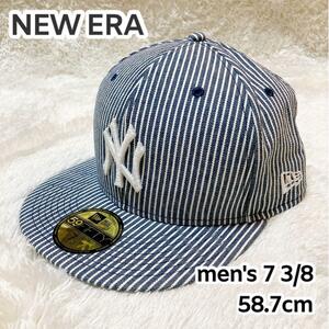 美品 ニューエラ メンズ キャップ ヒッコリー ストライプ 7.375 73/8 NEW ERA フィッテッド 59FIFTY ニューヨークヤンキース ブルー系 紺