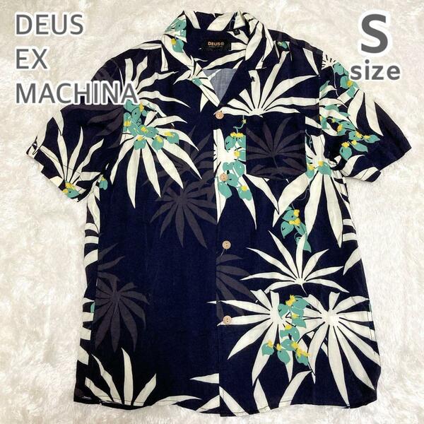 DEUS EX MACHINA デウスエクスマキナ メンズ S モンキーパズルシャツ 半袖 レーヨン100％ DMP205888 ブラック ボタニカル 柄シャツ 黒