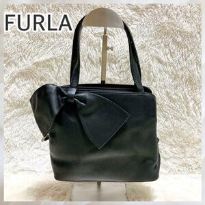 お買い得！フルラ FURLA レザー リボンモチーフ レディース ハンドバッグ ブラック カジュアル フォーマル black 黒 バッグ バック 高品質