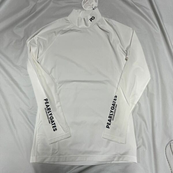 新品正規品　パーリーゲイツ　サイズ4 高機能　モックネック　シャツ　ホワイト　袖ロゴ　UV対策に しっかり目のツルツル素材　送料無料