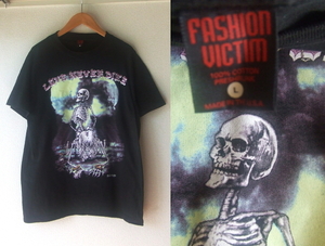 L★90s/LOVE NEVER DIES★FASHION VICTIMビンテージTシャツ　エロ スカル ガイコツ アート バイカー90年代ロックUSAアメリカ製akira古着