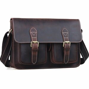 TIDING antique original leather messenger bag diagonal .. shoulder bag A4 correspondence thick cow leather pull up leather bicycle Brown . cow 