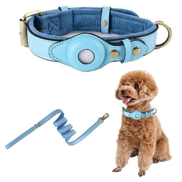【 首輪＆リードセット】小型犬 AirTag 犬 リード 首輪 革 レザー 水色 ブルー 迷子 Sサイズ
