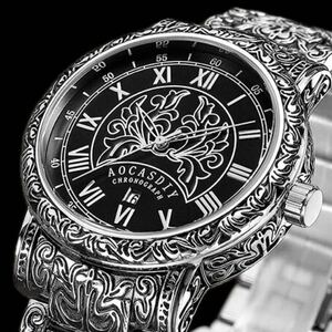 新品 AOCASDIY ビンテージデザインウォッチ メンズ腕時計 ステンレスベルト ブラック&シルバー