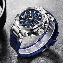新品 FOXBOX デュアルウォッチ50M防水メンズ腕時計 ラバーストラップ ブルー＆シルバー_画像3