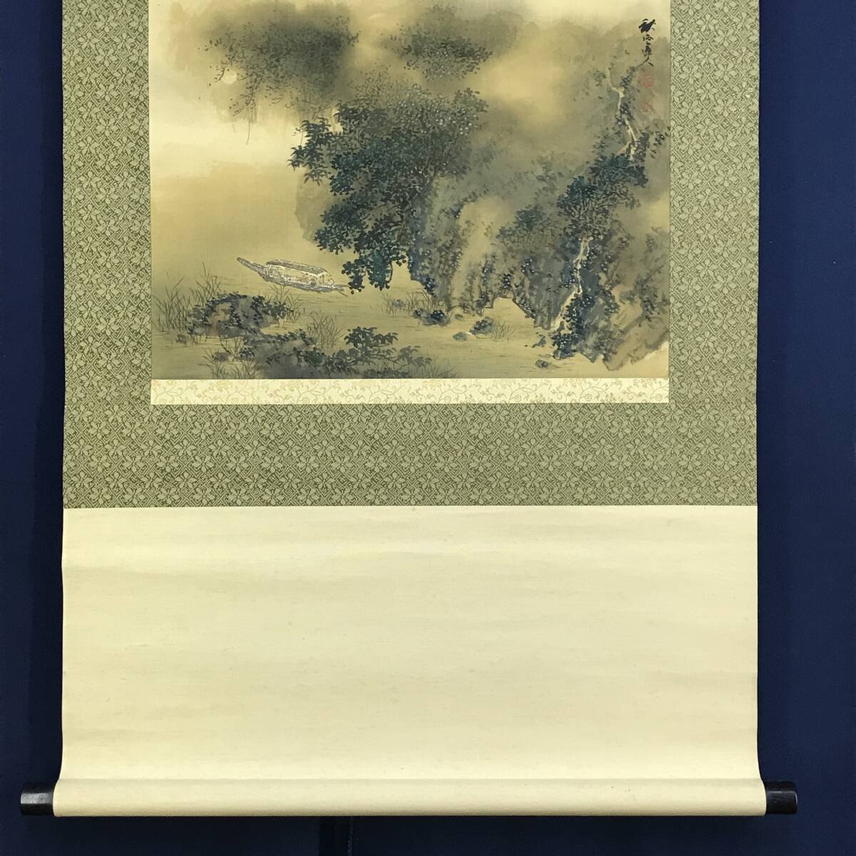 真作/奥谷秋石/赤壁図/山水図/船人物図/横物/掛軸☆宝船☆AF-636 真作/奥谷秋石/赤壁図/山水図/船人物図/横物/掛軸☆宝船☆AF-636