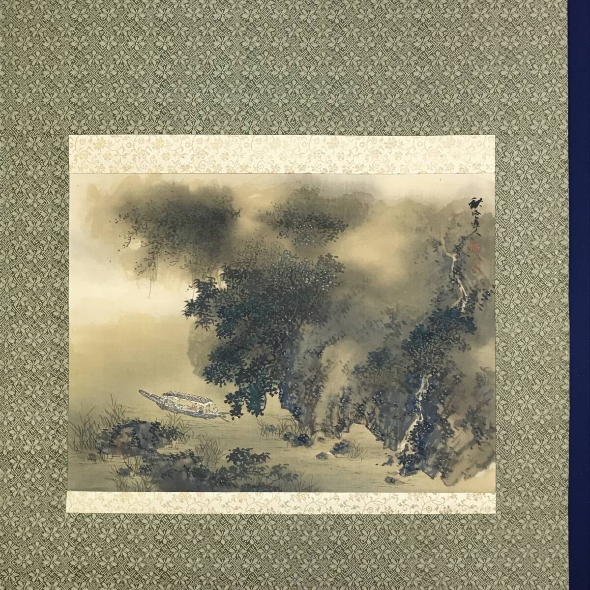 真作/奥谷秋石/赤壁図/山水図/船人物図/横物/掛軸☆宝船☆AF-636 真作/奥谷秋石/赤壁図/山水図/船人物図/横物/掛軸☆宝船☆AF-636