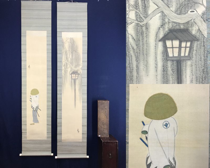 真作】絵画 日本画 美人画 和装の女性と情緒あふれる灯籠の情景