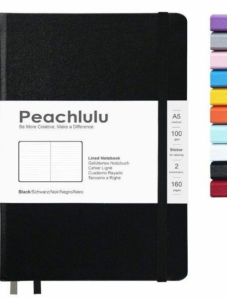 Peachlulu ノートブック クラシック ハードカバー ジャーナル 罫線 6mm ブラック ノート 手帳