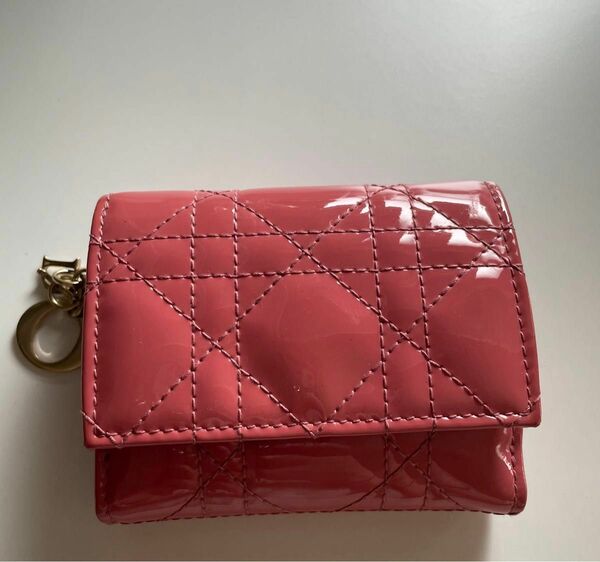 Dior クリスチャンディオール レディディオール パテントレザー 三つ折り財布 ピンク レディース