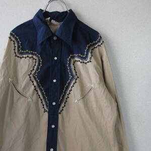 ○70s 良品 ROCKING RANCHWEAR◆ウエスタンシャツ 長袖 70年代 ヴィンテージ◆メンズ ネイビー/ベージュ Mサイズ