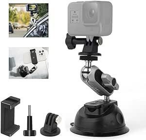 吸盤マウント 車載マウント GoPro Insta360 DJI カメラ用 スマホホルダー付き 360度回転 アルミ合金製 ゴープ