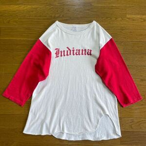 良好♪XL 80s トリコタグ USA製 チャンピオン ベースボール Tシャツ 白 赤 染み込みプリント ビンテージ INDIANA ビッグサイズ 7分袖