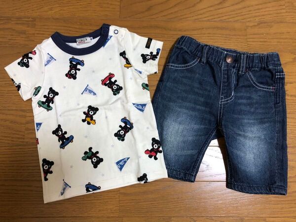 【美品】ダブルビー Tシャツ、デニム ハーフパンツ(90)
