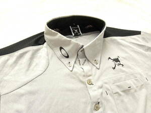 美品　オークリー　ゴルフ　スカル　グレー　ブラック　アシンメトリーデザイン　ストレッチシャツ　半袖ポロシャツ　M
