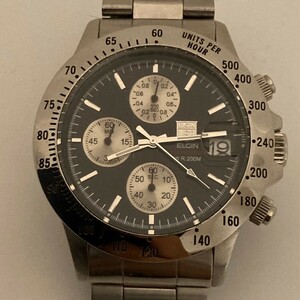 稼働 良品 ELGIN エルジン FK-1184-D クロノグラフ 黒文字盤 クロノグラフ デイト クォーツ メンズ腕時計